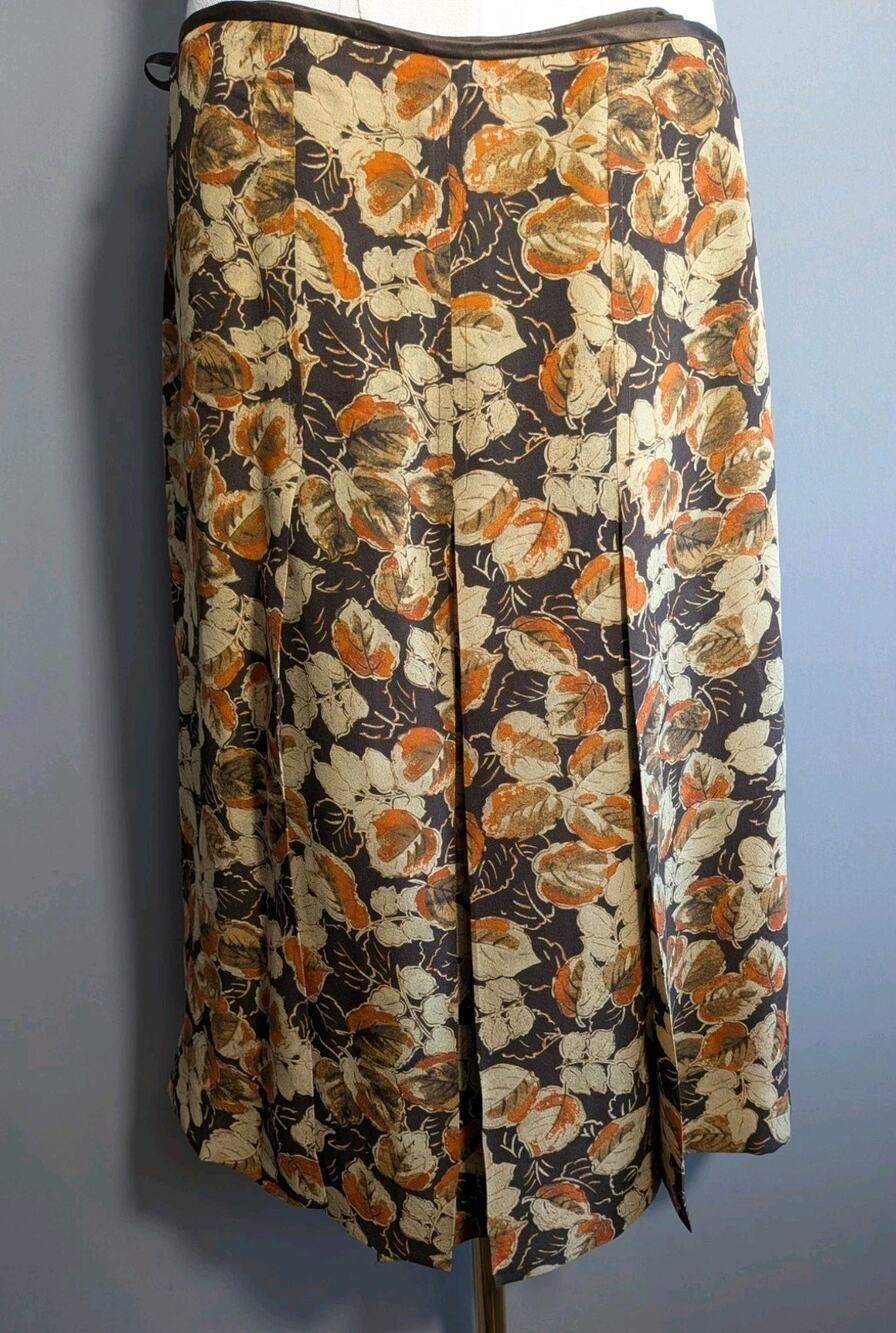 Nine West Floral Leaves Knee Length Skirt Brown Orange Fall Autumn Silk Size 10